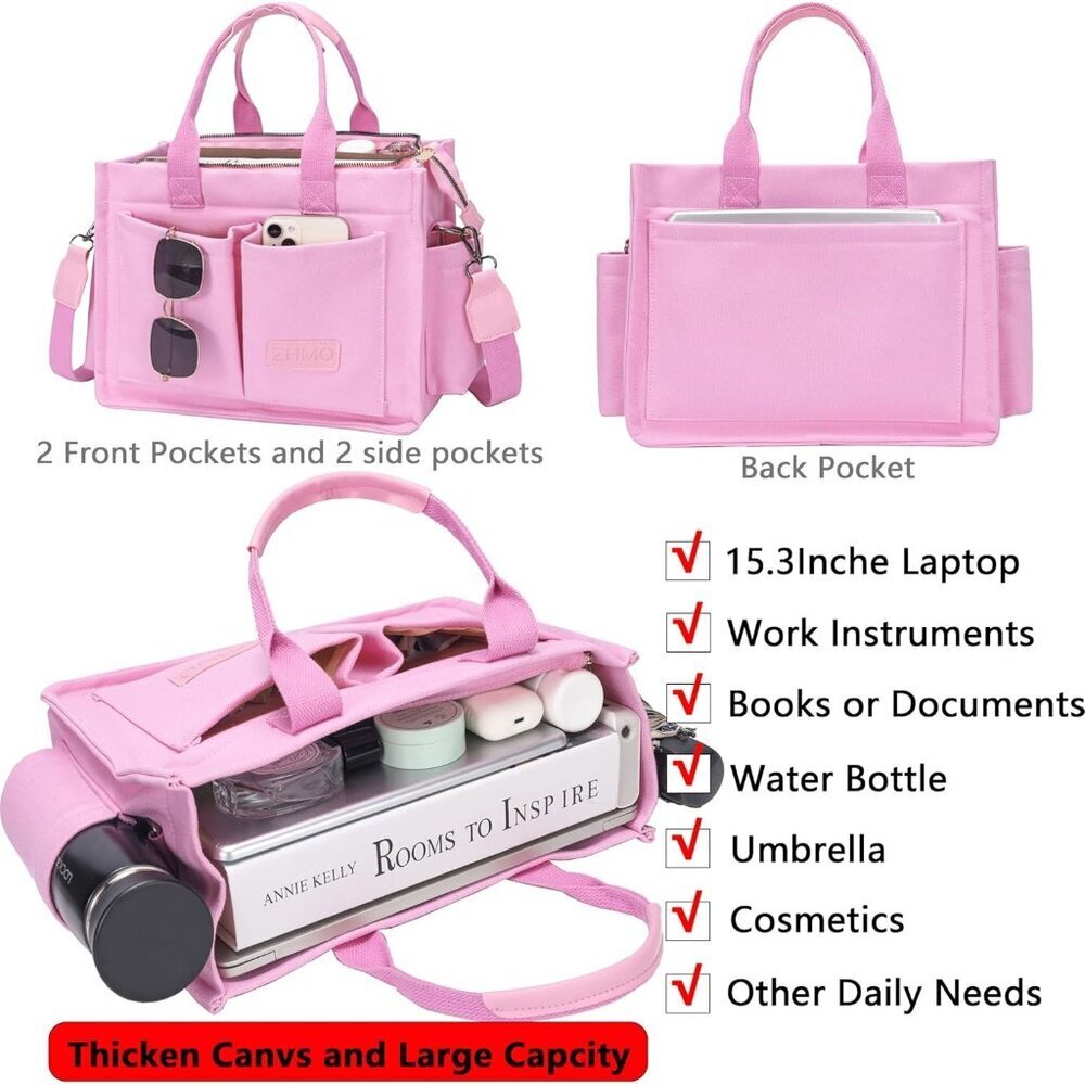 Women's Plus Pink Imported Canvas Laptop Crossbody Work Large Tote Handbags - Picture 2 of 7